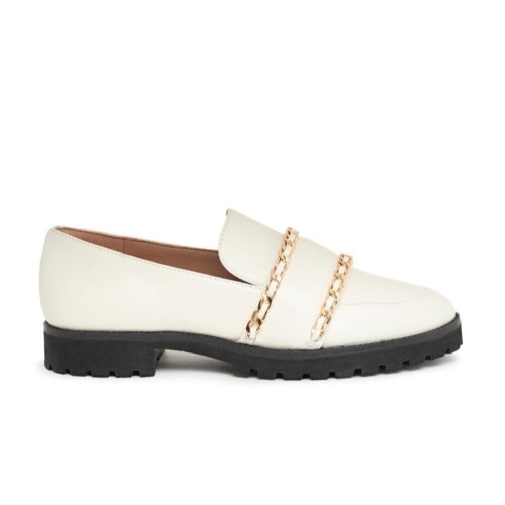 Karl Lagerfeld Paris Womens Loafers 8/38.5B Cream Leather Gold Chain Trim Chunky